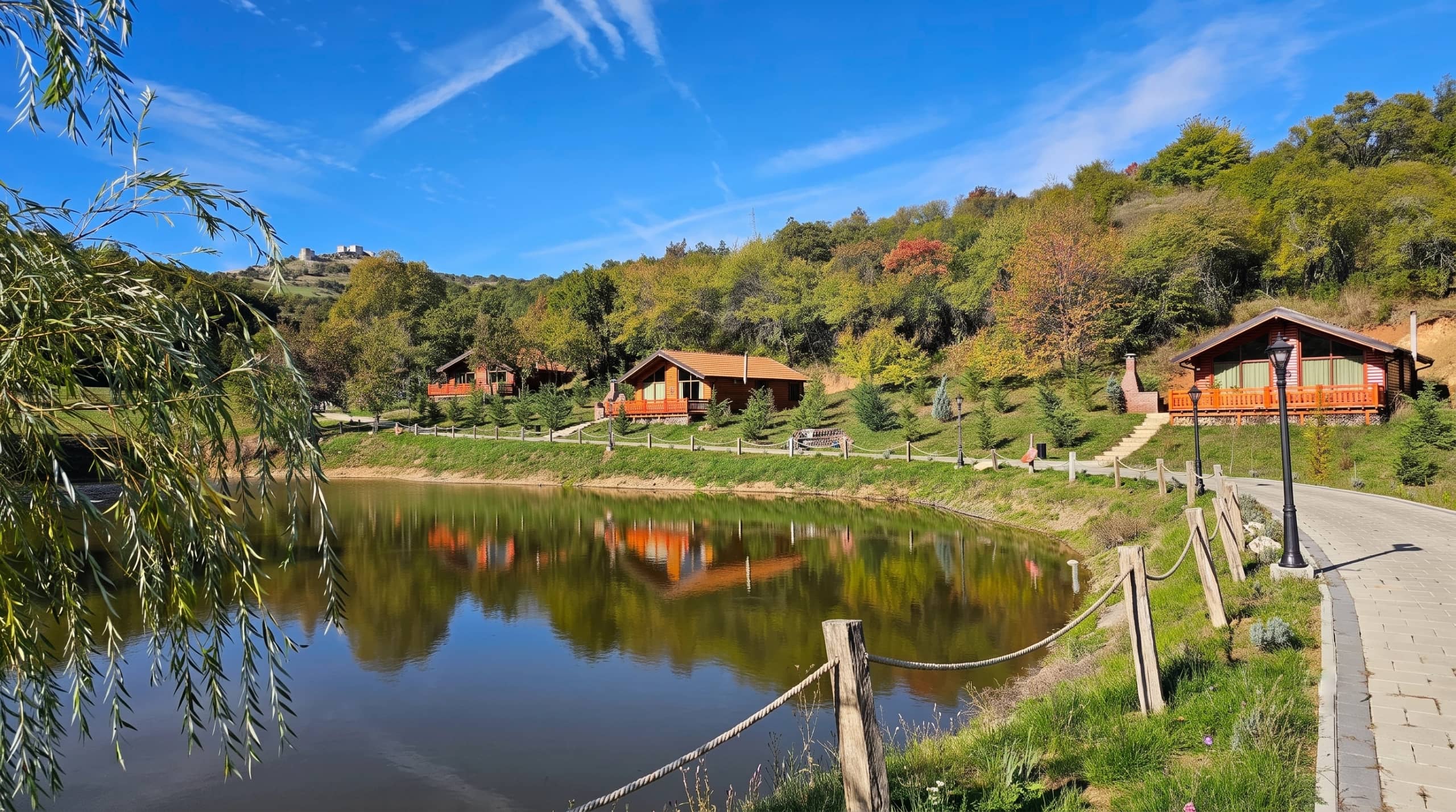 The timber villas of BioLand on the hillside above the lake